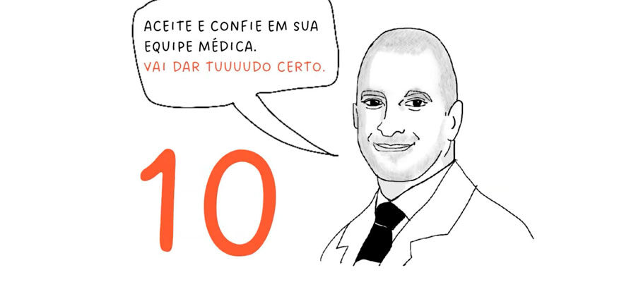 Ilustração do Dr. Silvio e a frase 'aceite e confie em sua equipe médica - vai dar tudo certo'.