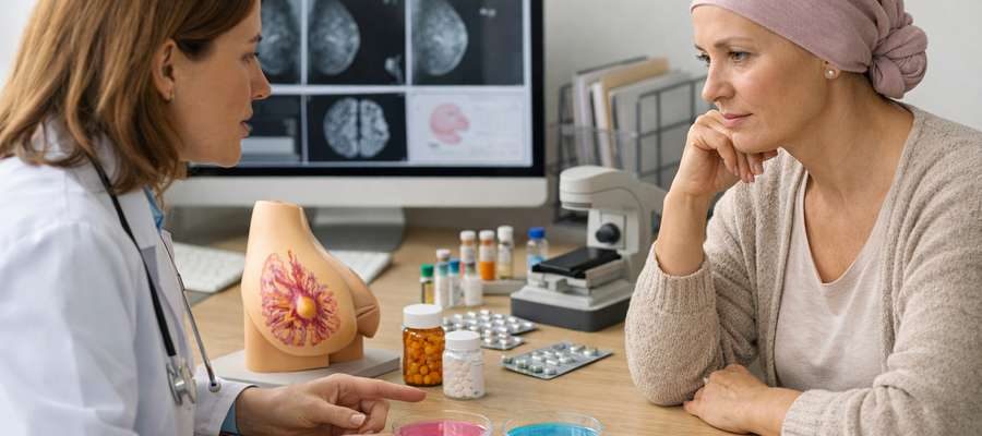 Médica conversa com paciente em ambiente clínico, com equipamentos e frascos de medicamentos ao fundo.