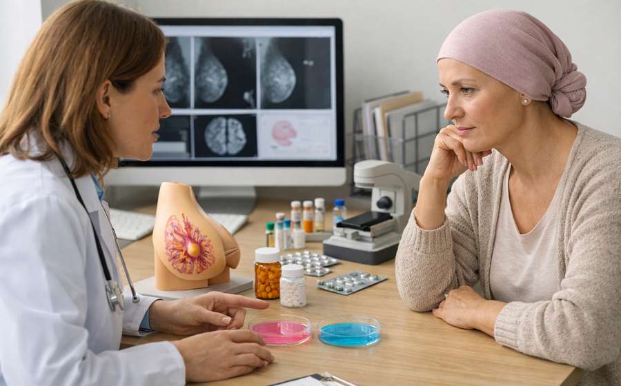 Médica conversa com paciente em ambiente clínico, com equipamentos e frascos de medicamentos ao fundo.