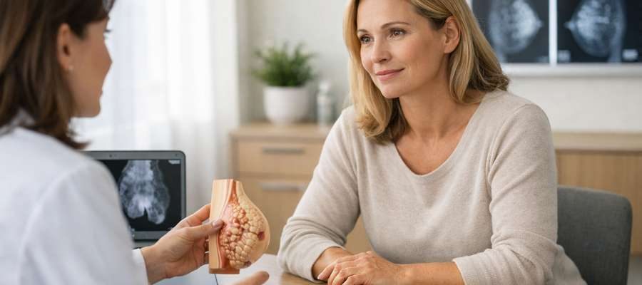 Médica conversa com paciente enquanto mostra modelo anatômico dos seios e implantes em consulta.