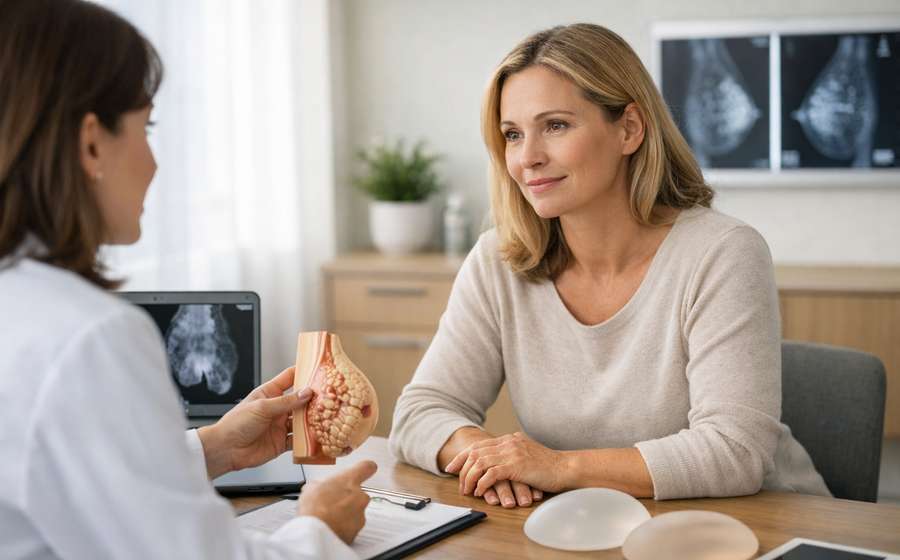 Médica conversa com paciente enquanto mostra modelo anatômico dos seios e implantes em consulta.