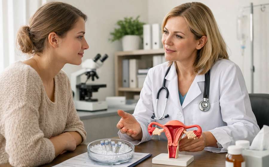 Médica conversa com paciente em consultório, com modelo anatômico do útero sobre a mesa.