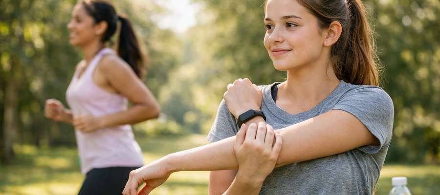 Duas mulheres em um parque, uma correndo e outra alongando o braço, com garrafa de água ao fundo.