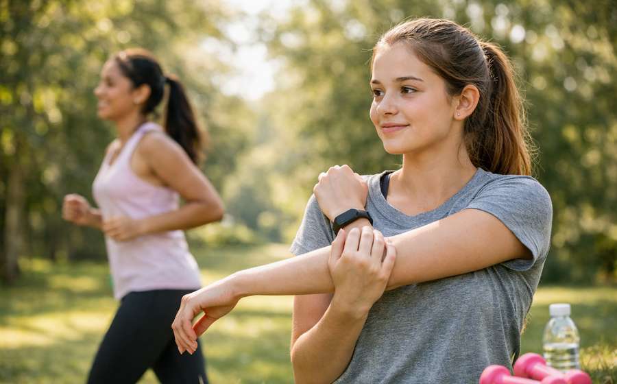 Duas mulheres em um parque, uma correndo e outra alongando o braço, com garrafa de água ao fundo.