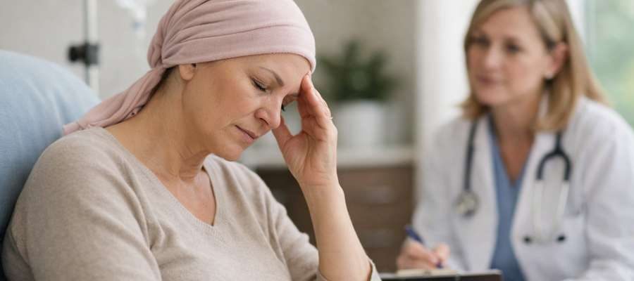 Mulher com lenço na cabeça sente-se preocupada enquanto uma médica a observa e faz anotações.
