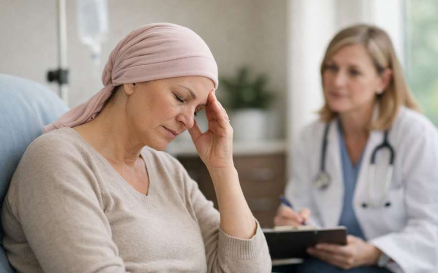 Mulher com lenço na cabeça sente-se preocupada enquanto uma médica a observa e faz anotações.