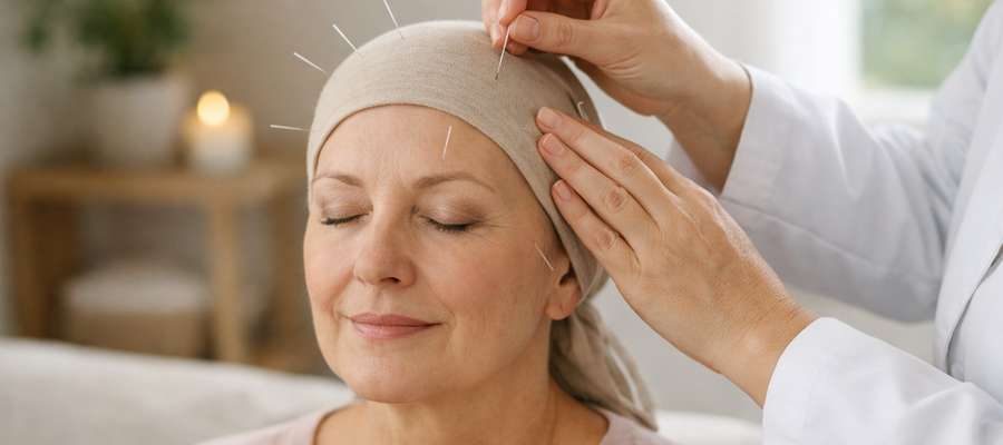 Mulher com lenço na cabeça recebe acupuntura na testa, relaxando em ambiente claro e acolhedor.