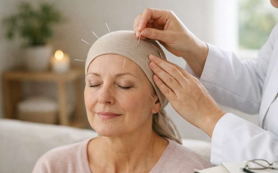 Mulher com lenço na cabeça recebe acupuntura na testa, relaxando em ambiente claro e acolhedor.