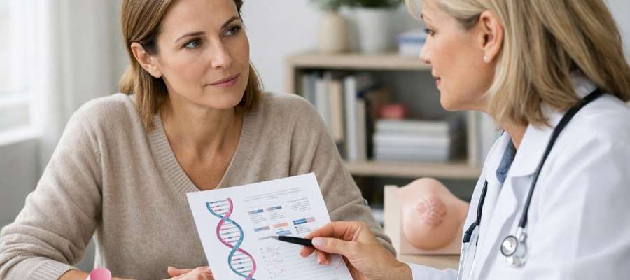 Mulher escutando atenta uma médica que apresenta um gráfico sobre genética durante consulta médica.