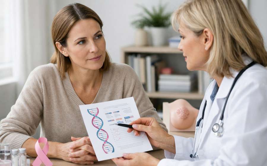 Mulher escutando atenta uma médica que apresenta um gráfico sobre genética durante consulta médica.