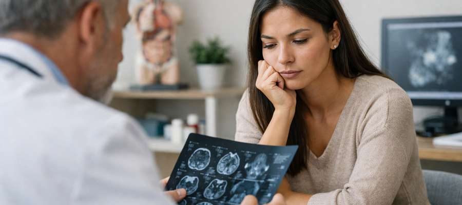 Médico mostra exames a mulher que escuta atentamente, demonstrando preocupação em consultório médico.