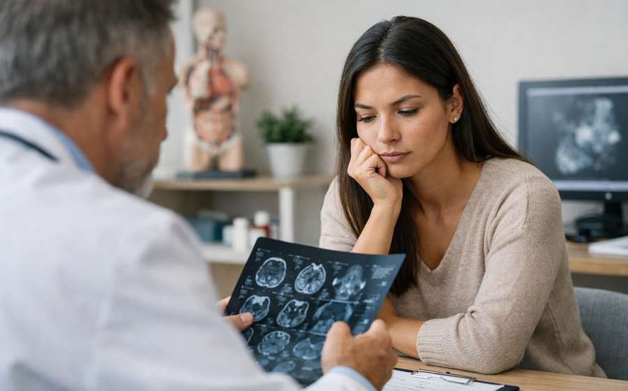Médico mostra exames a mulher que escuta atentamente, demonstrando preocupação em consultório médico.