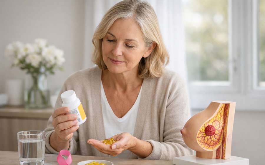 Mulher sorridente segurando cápsulas em uma mão e um frasco na outra, com modelo de seio à direita.